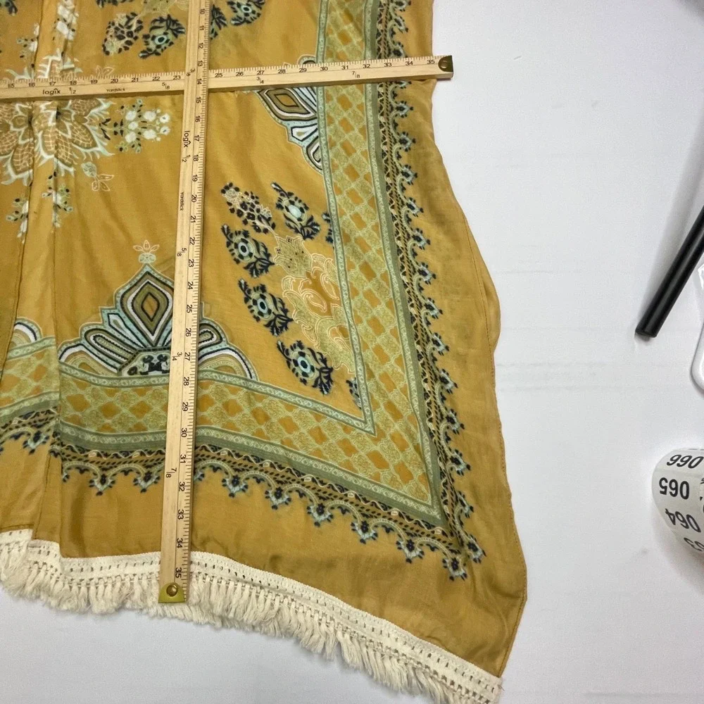 Angie Mustard Yellow Boho Medallion Fringe Kimono Wrap One Size OS‎